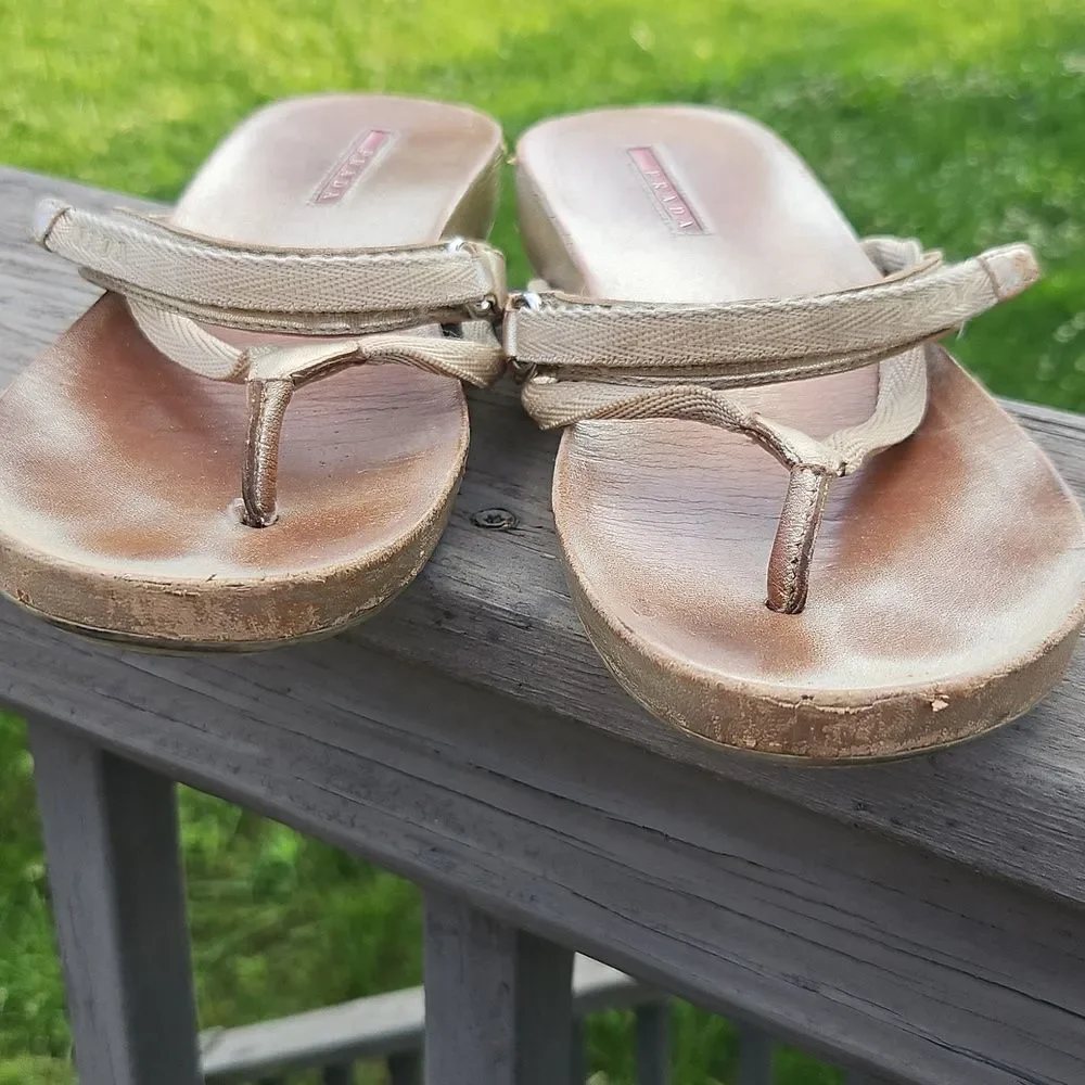 Vintage Prada Gold Thong Sandals Size 39.5 | Logo Sole - Picture 2 of 9